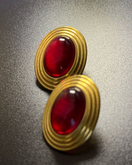 ROYAL OVAL STUDS - DIAMOND RED DAME EARRINGS WITH 18K GOLD PLATE