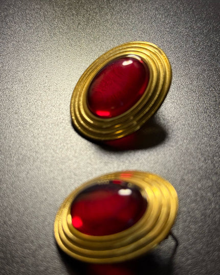 ROYAL OVAL STUDS - DIAMOND RED DAME EARRINGS WITH 18K GOLD PLATE