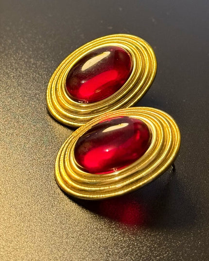 ROYAL OVAL STUDS - DIAMOND RED DAME EARRINGS WITH 18K GOLD PLATE