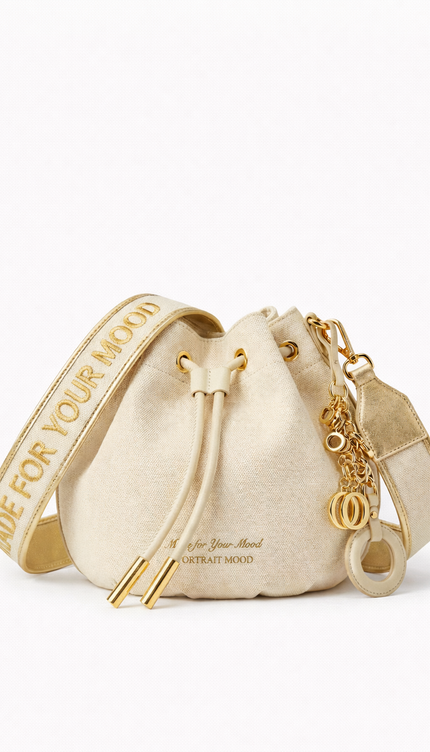 The P|M Aura Script Bucket Bag - White & Gold Edition