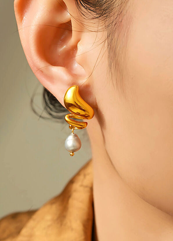 MUSE DROP EARRINGS – GOLD & PEARL In Solid Non-Tarnish Stainless Steel With 18K Gold-Plate